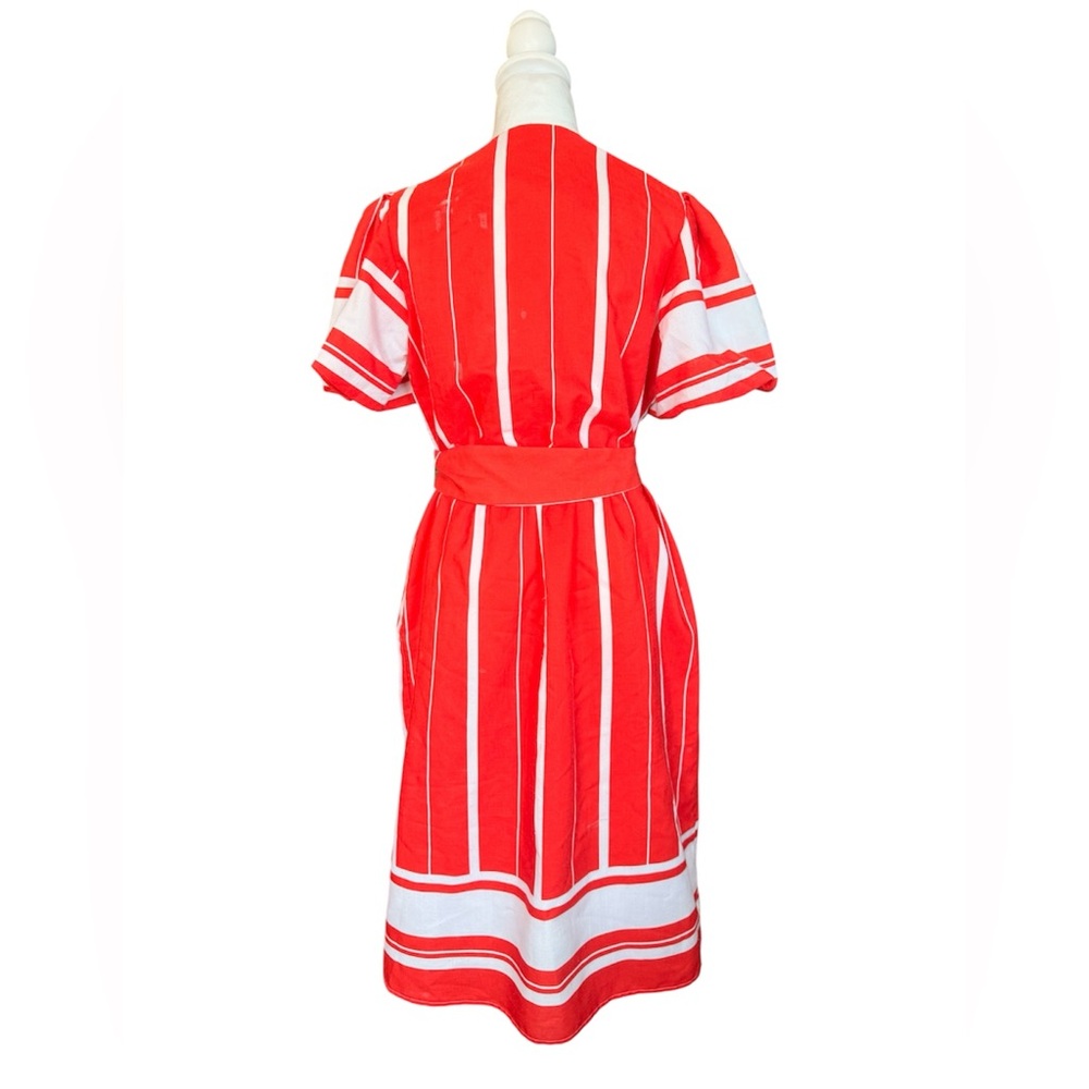 Vintage Red and White Puff Sleeve Midi Dress, Sailor Buttons - Picture 2 of 6